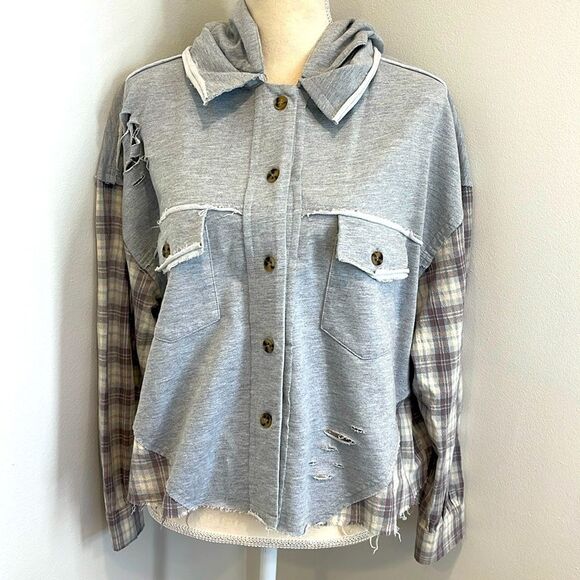 GREY SHACKET WITH COLLAR, PLAID SLEEVES & REMOVABLE HOOD - Picture 1 of 7